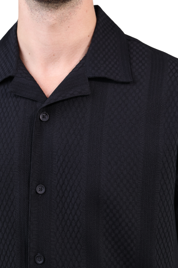 Camisa Negra Manga Corta de Algodón Textura Moderna Stretch para Hombre